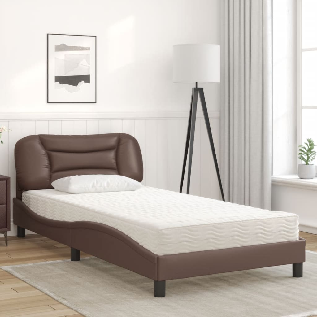 vidaXL Pat cu saltea, maro, 100x200 cm, piele ecologică vidaXL Pat cu saltea, maro, 100x200 cm, piele ecologică