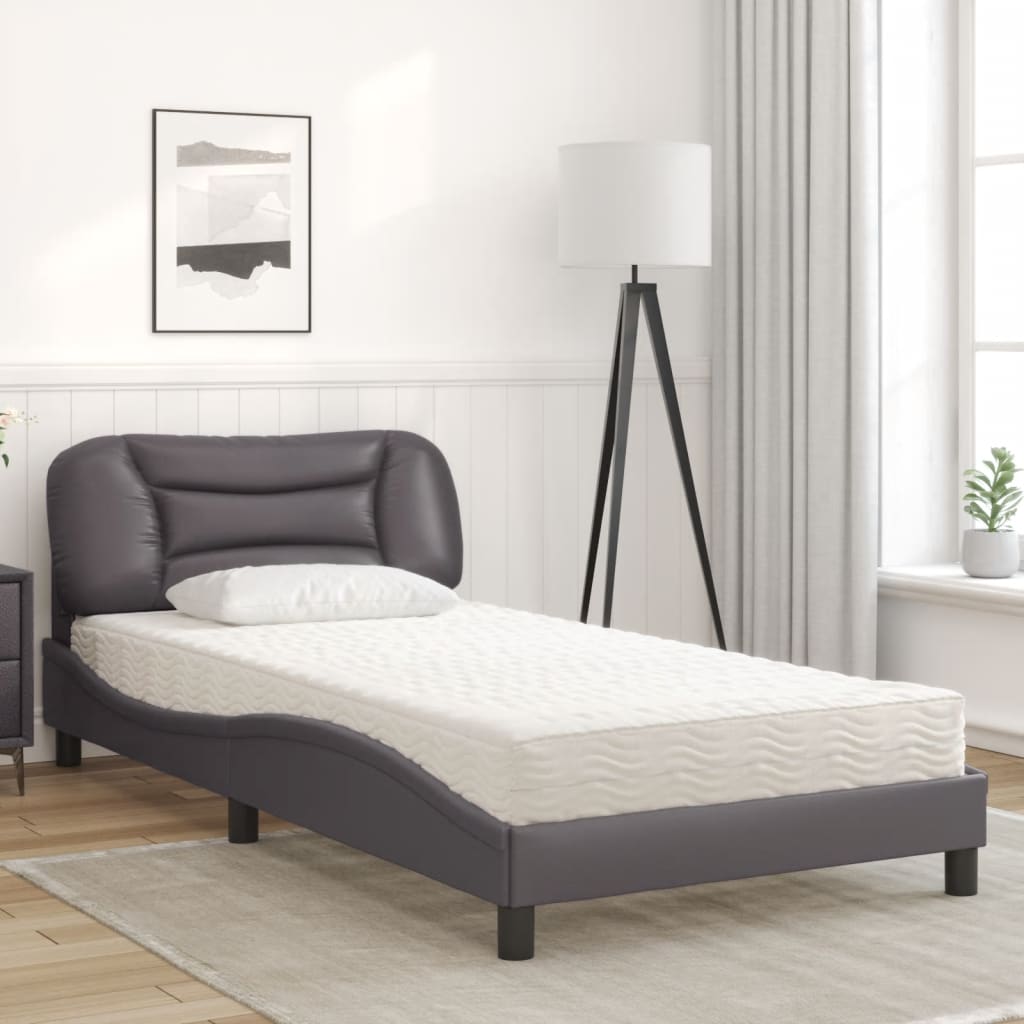 vidaXL Pat cu saltea, gri, 100x200 cm, piele ecologică vidaXL Pat cu saltea, gri, 100x200 cm, piele ecologică