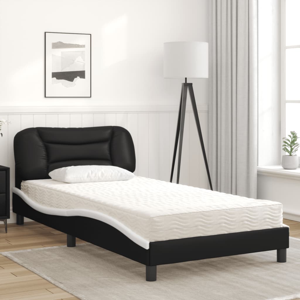 vidaXL Pat cu saltea, negru și alb, 100x200 cm, piele ecologică