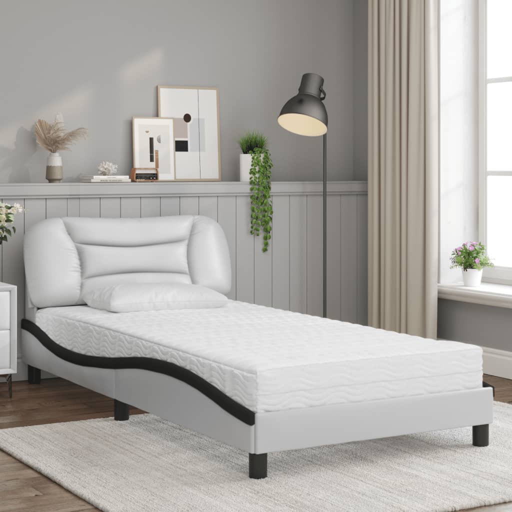 vidaXL Pat cu saltea, alb și negru, 100x200 cm, piele ecologică vidaXL Pat cu saltea, alb și negru, 100x200 cm, piele ecologică