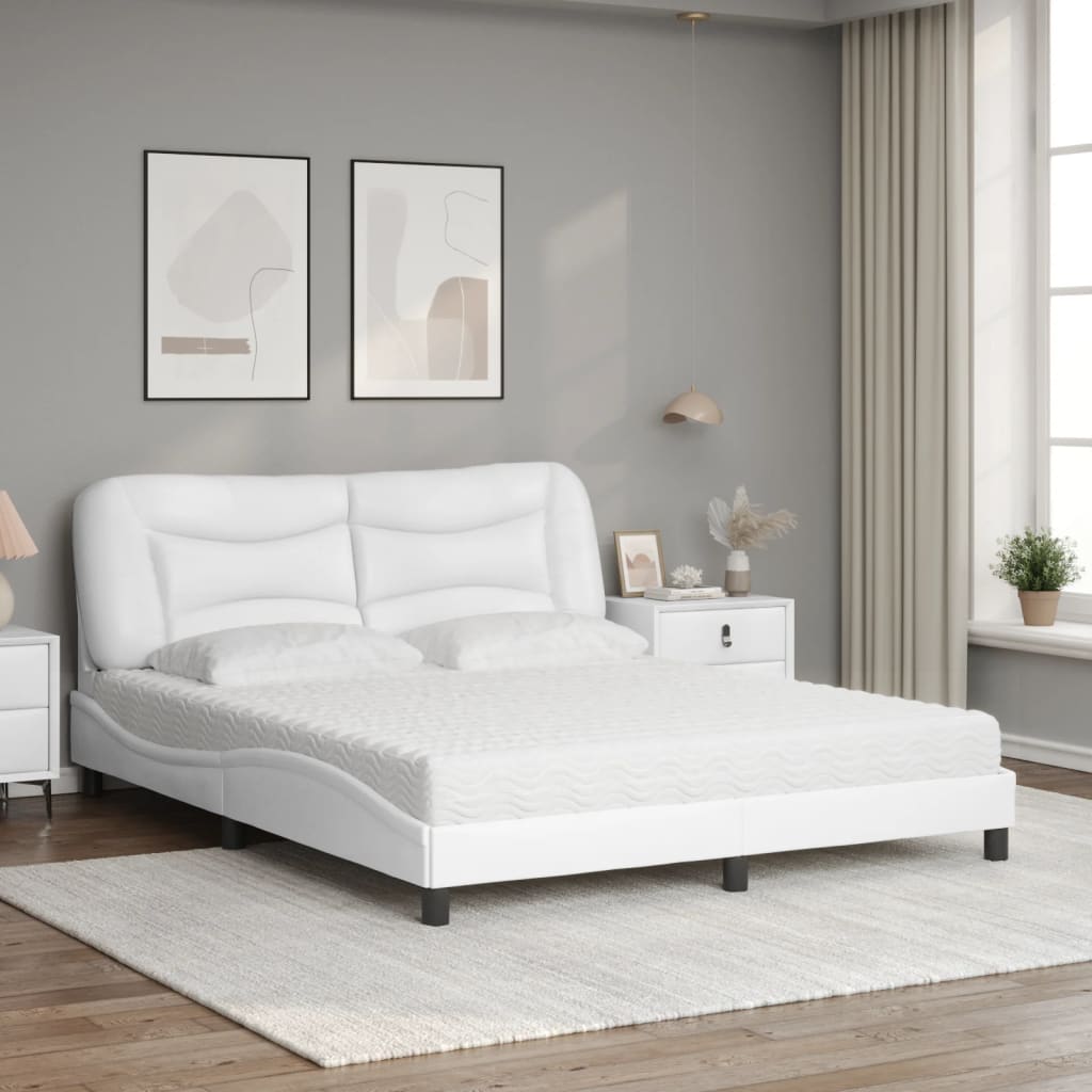 vidaXL Pat cu saltea, alb, 160x200 cm, piele ecologică