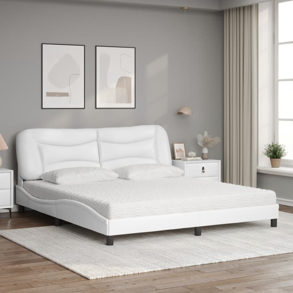 vidaXL Pat cu saltea, alb, 180x200 cm, piele ecologică vidaXL Pat cu saltea, alb, 180x200 cm, piele ecologică