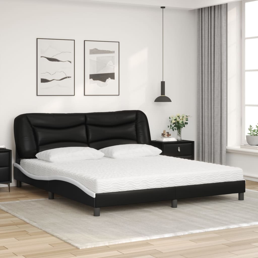 vidaXL Pat cu saltea, alb și negru, 180x200 cm, piele ecologică