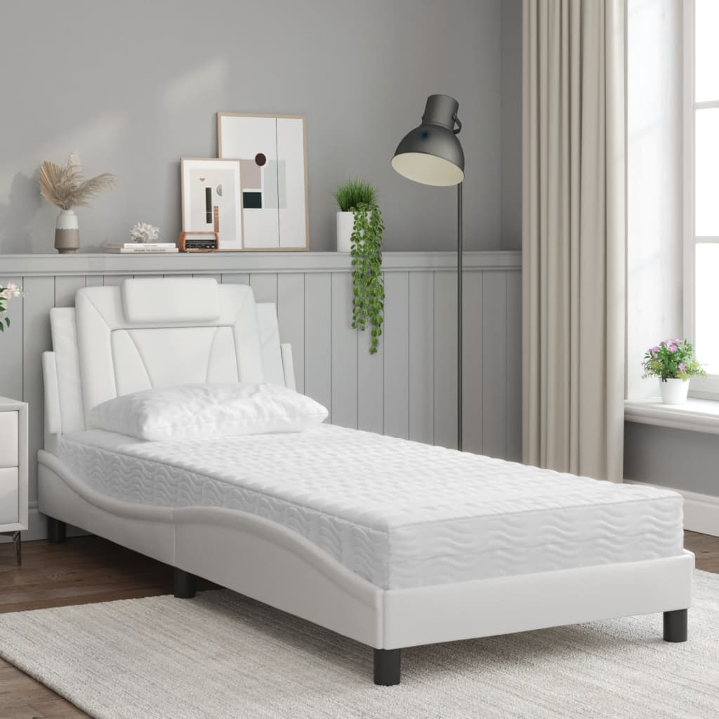 vidaXL Pat cu saltea, alb, 90x190 cm, piele ecologică