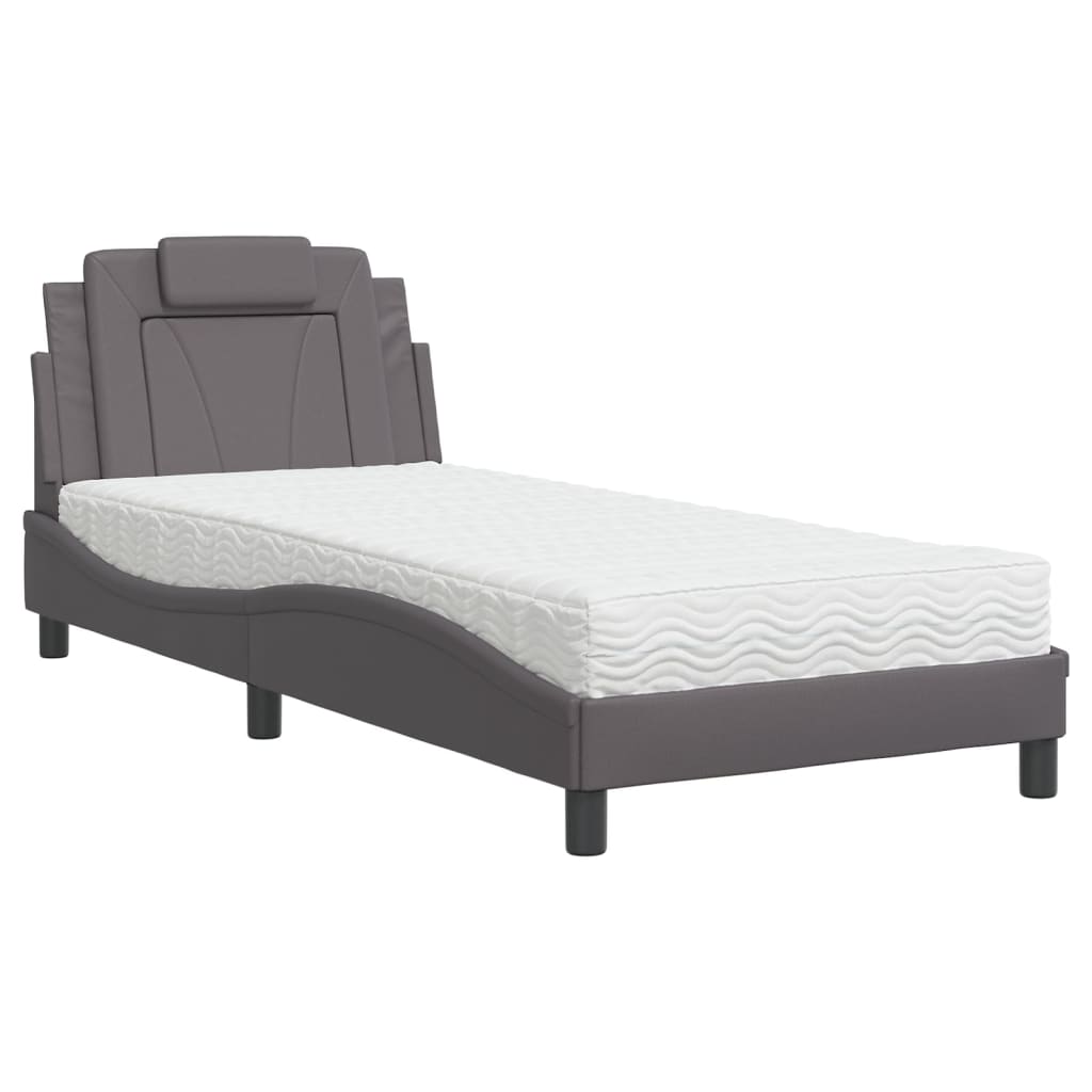 vidaXL Pat cu saltea, gri, 90x190 cm, piele ecologică vidaXL Pat cu saltea, gri, 90x190 cm, piele ecologică