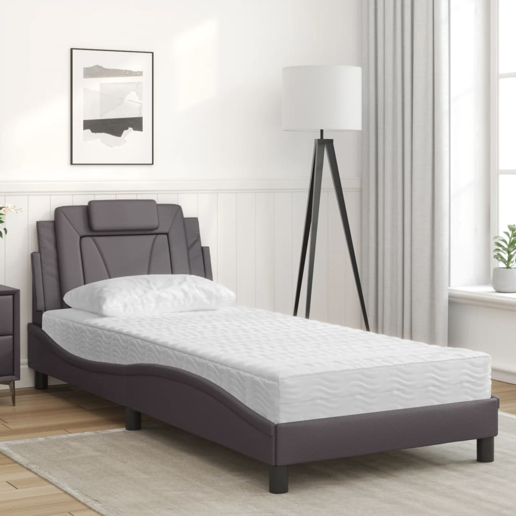 vidaXL Pat cu saltea, gri, 90x190 cm, piele ecologică vidaXL Pat cu saltea, gri, 90x190 cm, piele ecologică