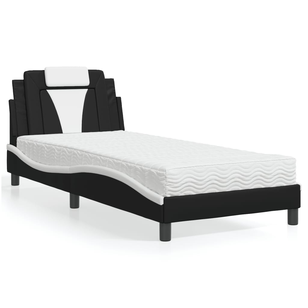 vidaXL Pat cu saltea, negru și alb, 90x190 cm, piele ecologică