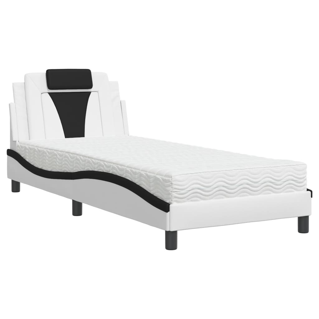 vidaXL Pat cu saltea, alb și negru, 90x190 cm, piele ecologică