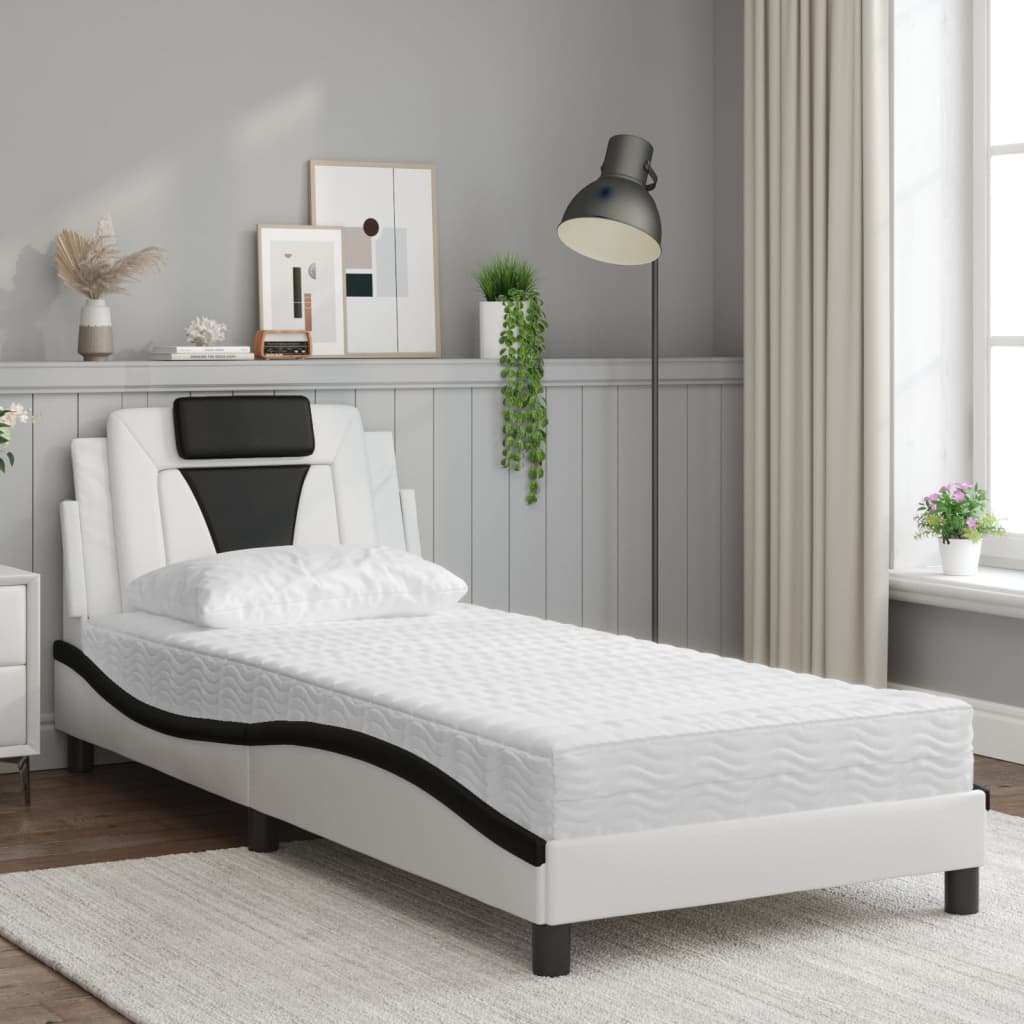 vidaXL Pat cu saltea, alb și negru, 90x190 cm, piele ecologică