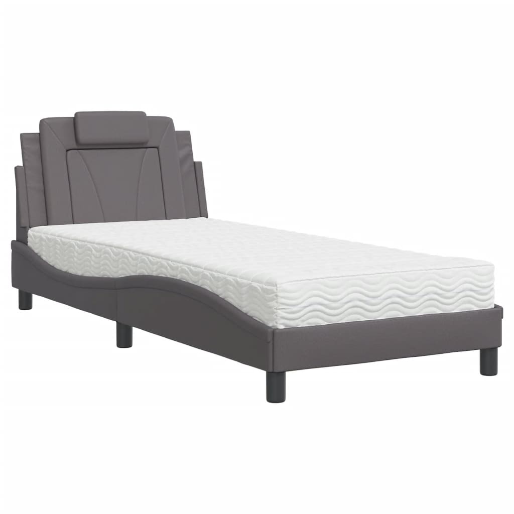 vidaXL Pat cu saltea, gri, 90x200 cm, piele ecologică vidaXL Pat cu saltea, gri, 90x200 cm, piele ecologică