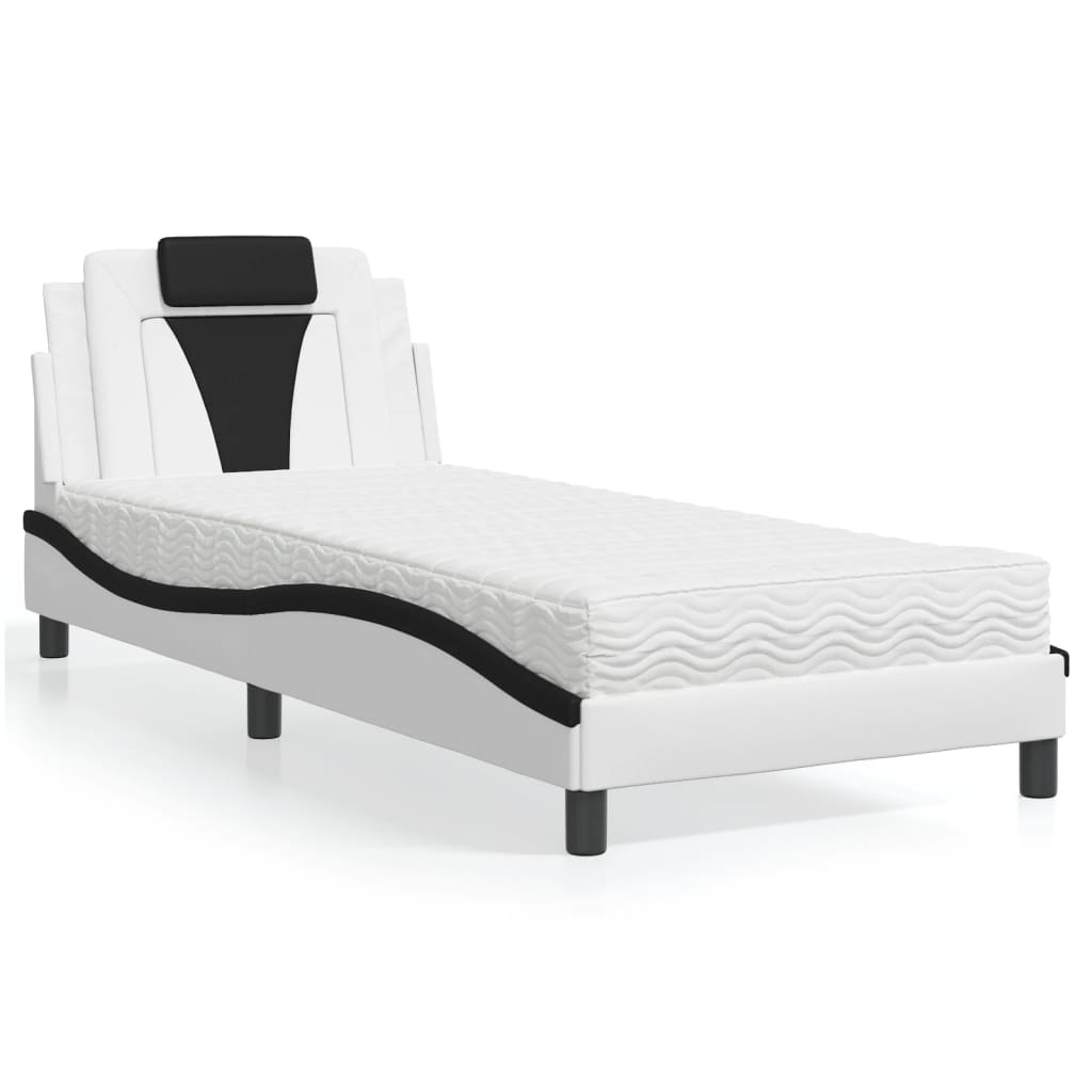 vidaXL Pat cu saltea, alb și negru, 90x200 cm, piele ecologică vidaXL Pat cu saltea, alb și negru, 90x200 cm, piele ecologică