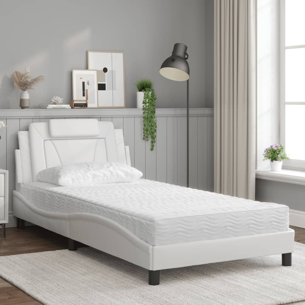 vidaXL Pat cu saltea, alb, 100x200 cm, piele ecologică vidaXL Pat cu saltea, alb, 100x200 cm, piele ecologică
