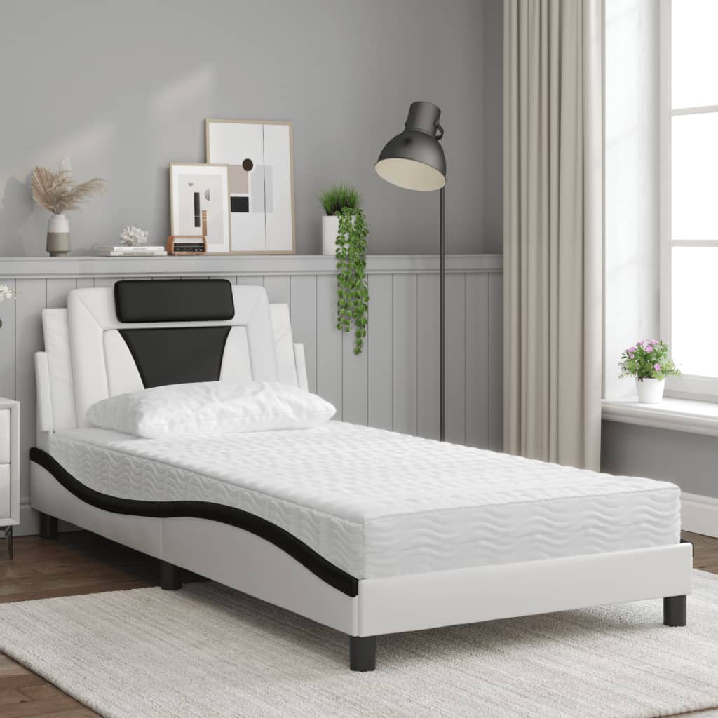 vidaXL Pat cu saltea, alb și negru, 100x200 cm, piele ecologică vidaXL Pat cu saltea, alb și negru, 100x200 cm, piele ecologică