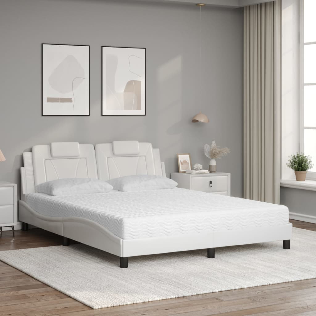 vidaXL Pat cu saltea, alb, 160x200 cm, piele ecologică