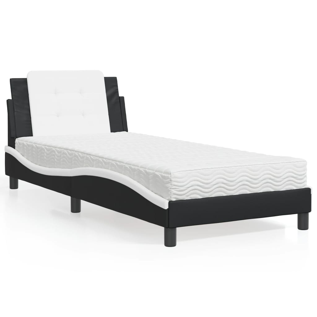 vidaXL Pat cu saltea, negru și alb, 90x190 cm, piele ecologică
