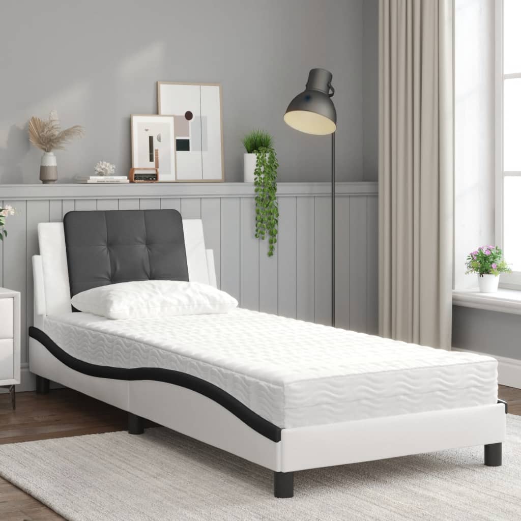 vidaXL Pat cu saltea, alb și negru, 90x190 cm, piele ecologică