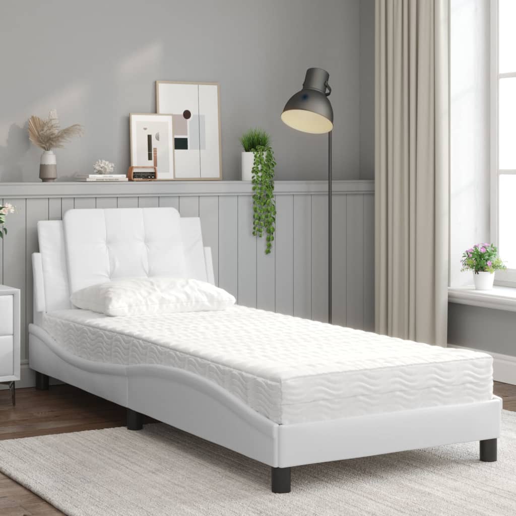 vidaXL Pat cu saltea, alb, 90x200 cm, piele ecologică