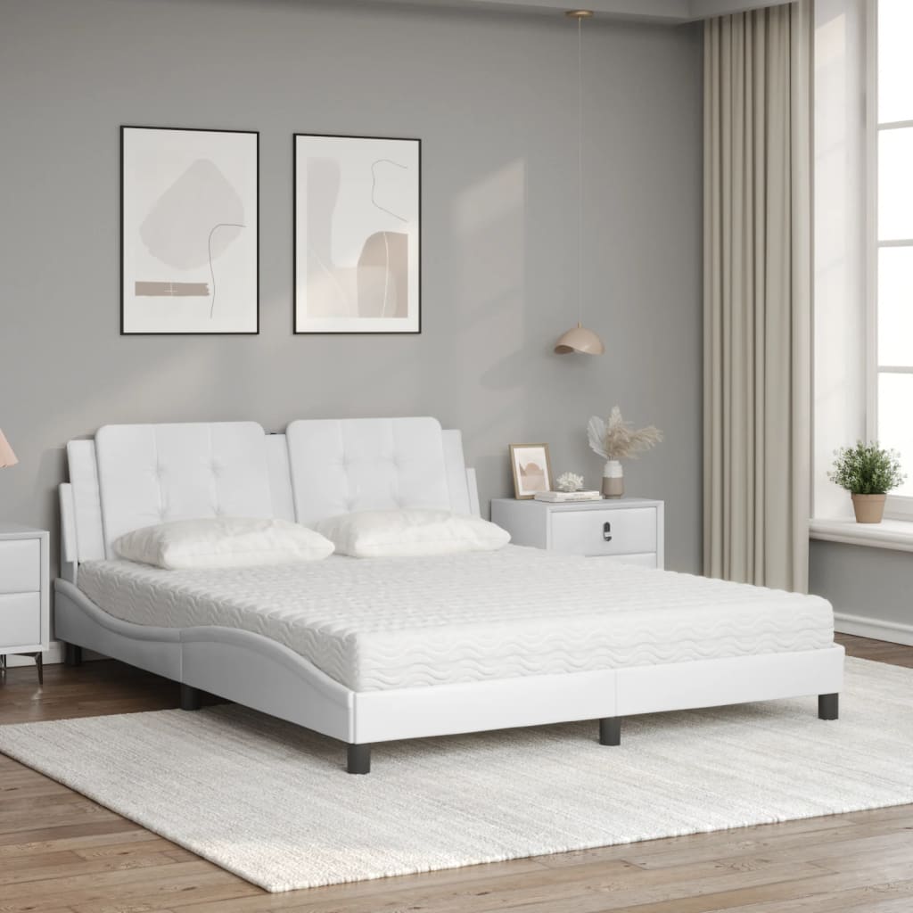 vidaXL Pat cu saltea, alb, 160x200 cm, piele ecologică vidaXL Pat cu saltea, alb, 160x200 cm, piele ecologică