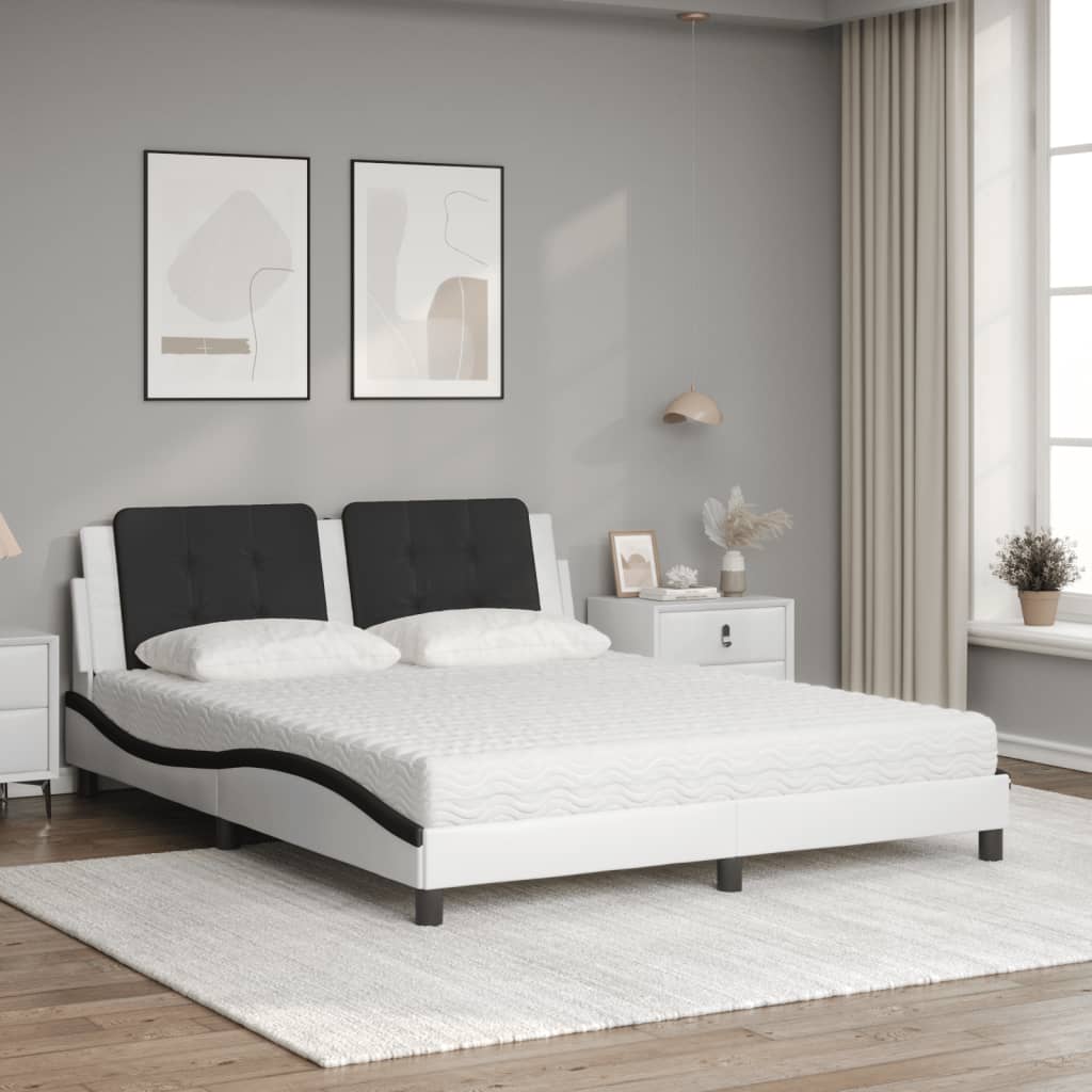 vidaXL Pat cu saltea, alb și negru, 160x200 cm, piele ecologică