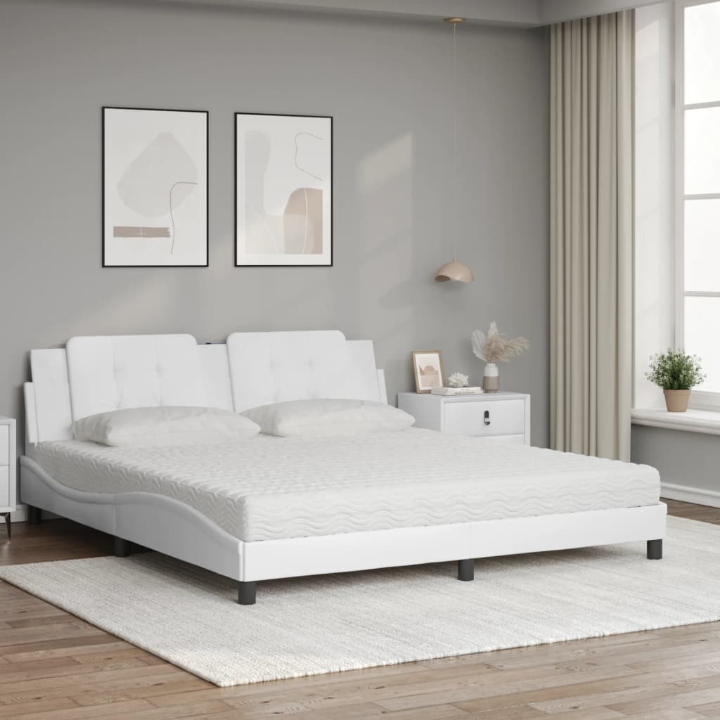vidaXL Pat cu saltea, alb, 180x200 cm, piele ecologică vidaXL Pat cu saltea, alb, 180x200 cm, piele ecologică
