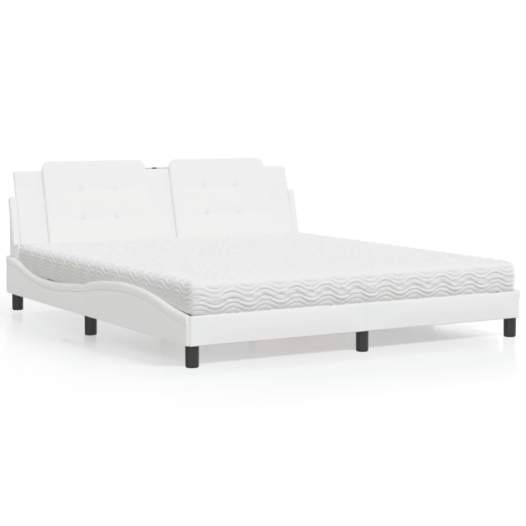 vidaXL Pat cu saltea, alb, 180x200 cm, piele ecologică vidaXL Pat cu saltea, alb, 180x200 cm, piele ecologică