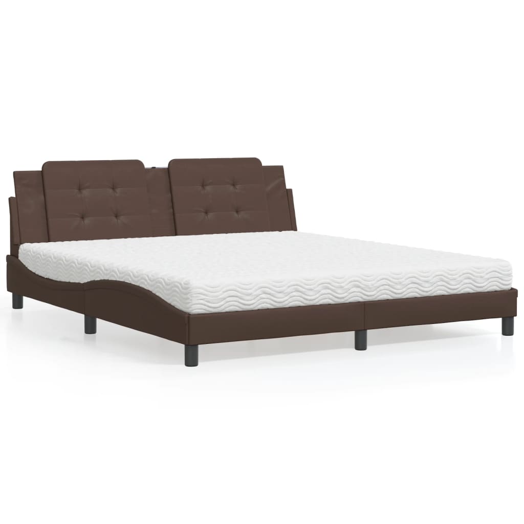 vidaXL Pat cu saltea, maro, 180x200 cm, piele ecologică vidaXL Pat cu saltea, maro, 180x200 cm, piele ecologică