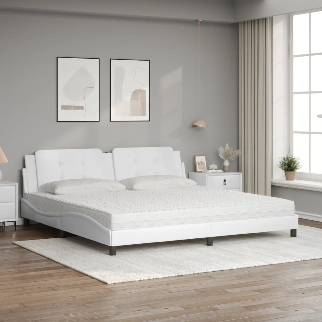 vidaXL Pat cu saltea, alb, 200x200 cm, piele ecologică