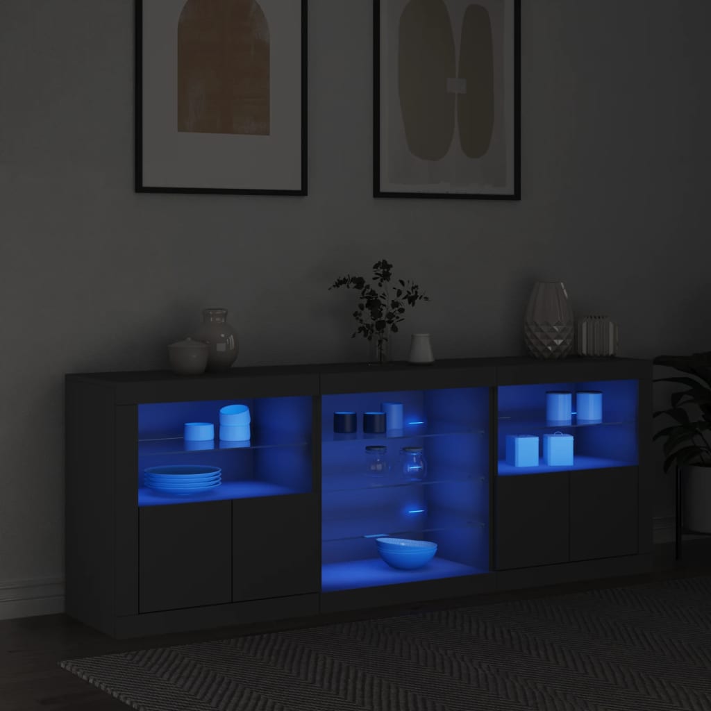 vidaXL Servantă cu lumini LED, negru, 181,5x37x67 cm