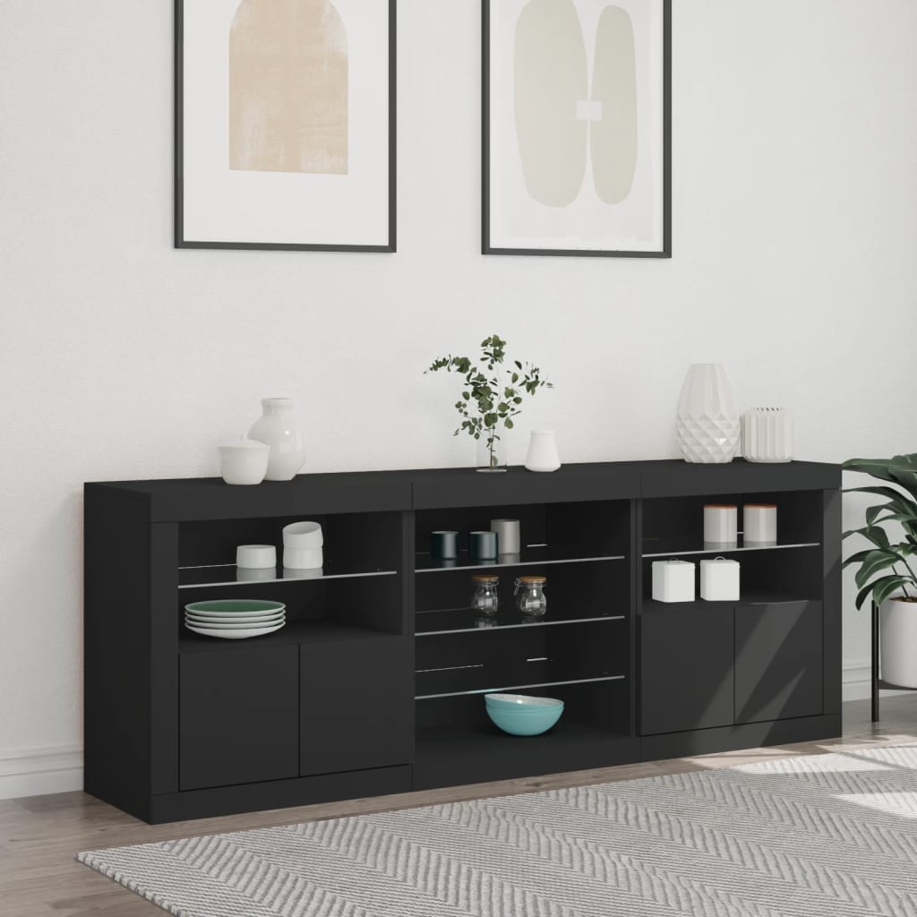 vidaXL Servantă cu lumini LED, negru, 181,5x37x67 cm