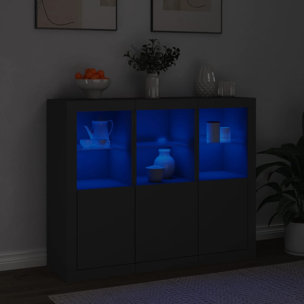 vidaXL Servantă cu lumini LED, 3 buc., negru, lemn prelucrat vidaXL Servantă cu lumini LED, 3 buc., negru, lemn prelucrat