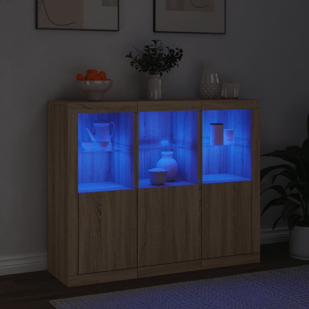 vidaXL Servantă cu lumini LED, 3 buc., stejar sonoma, lemn prelucrat vidaXL Servantă cu lumini LED, 3 buc., stejar sonoma, lemn prelucrat