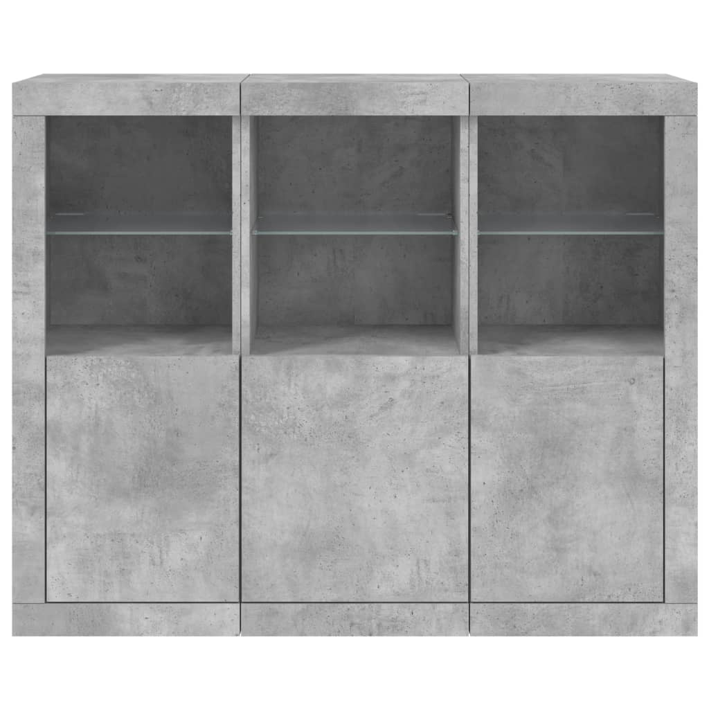 vidaXL Servantă cu lumini LED, 3 buc., gri beton, lemn prelucrat