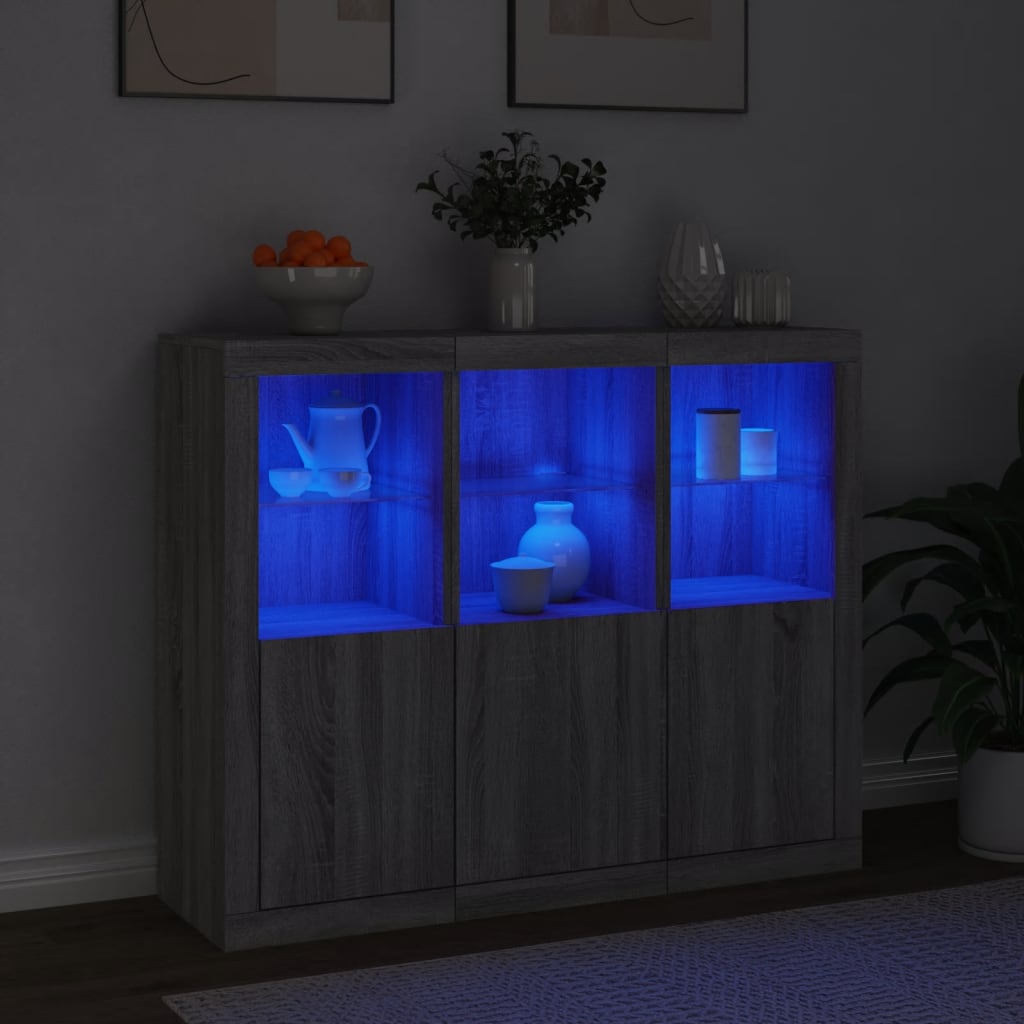 vidaXL Servantă cu lumini LED, 3 buc., gri sonoma, lemn prelucrat