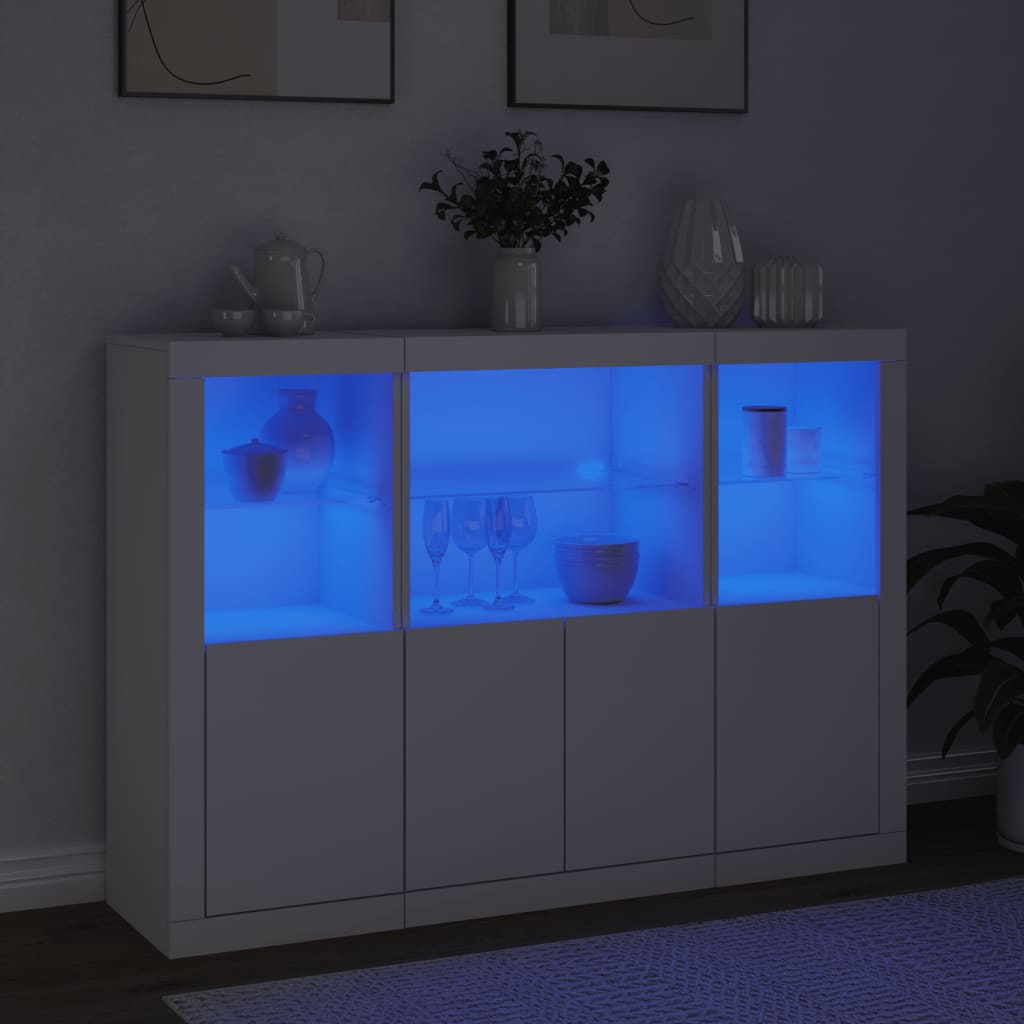 vidaXL Servantă cu lumini LED, 3 buc., alb, lemn prelucrat