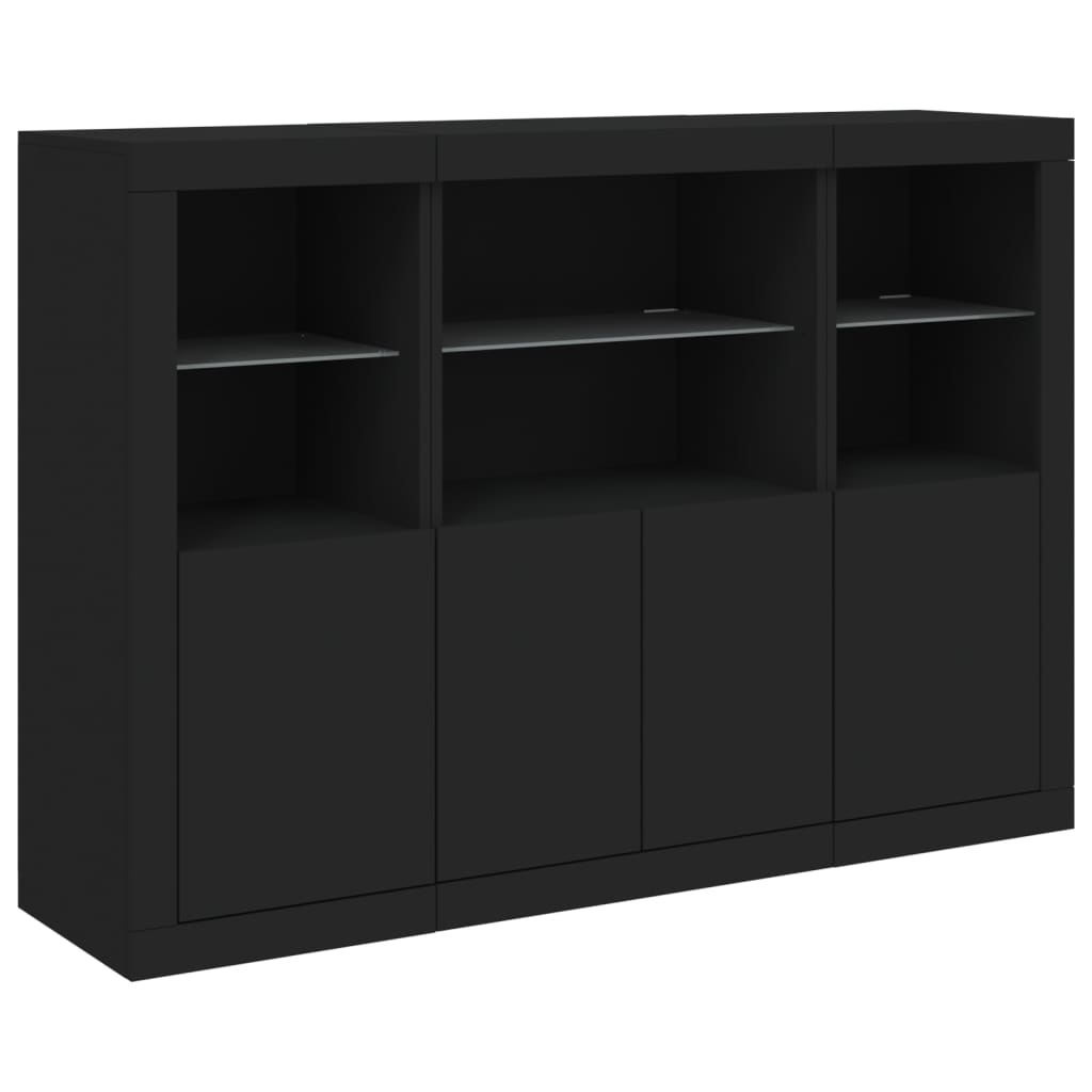 vidaXL Servantă cu lumini LED, 3 buc., negru, lemn prelucrat