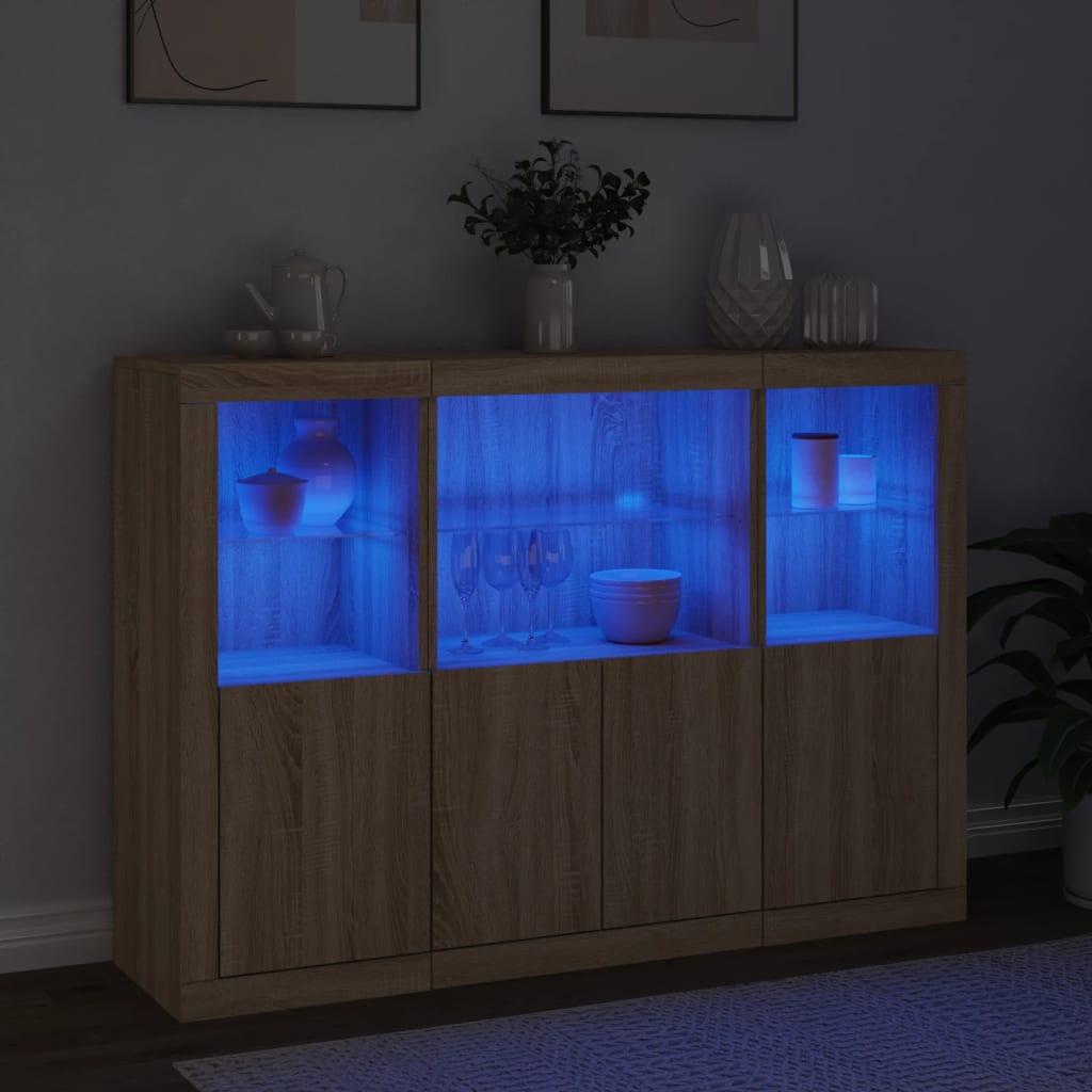 vidaXL Servantă cu lumini LED, 3 buc., stejar sonoma, lemn prelucrat
