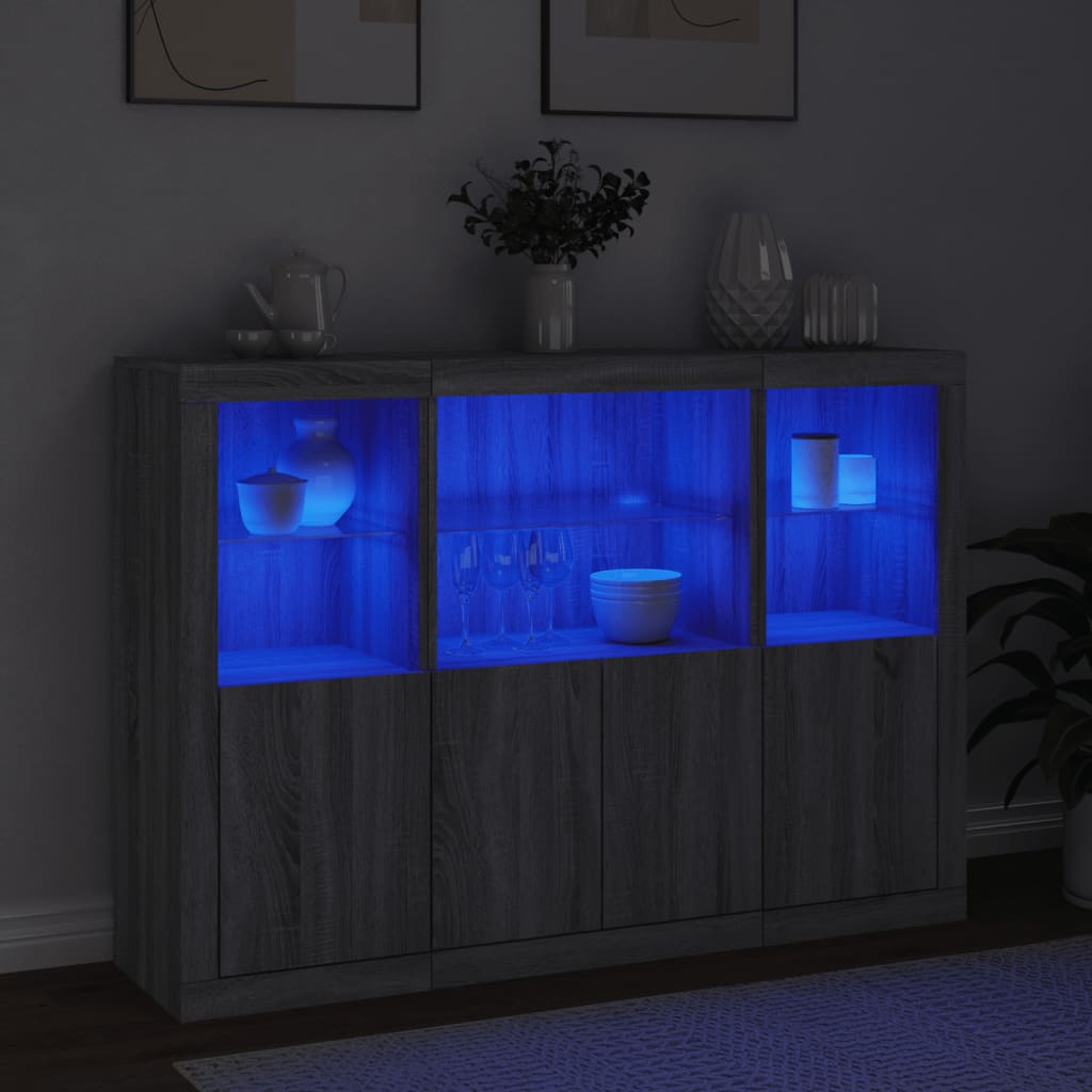 vidaXL Servantă cu lumini LED, 3 buc., gri sonoma, lemn prelucrat vidaXL Servantă cu lumini LED, 3 buc., gri sonoma, lemn prelucrat