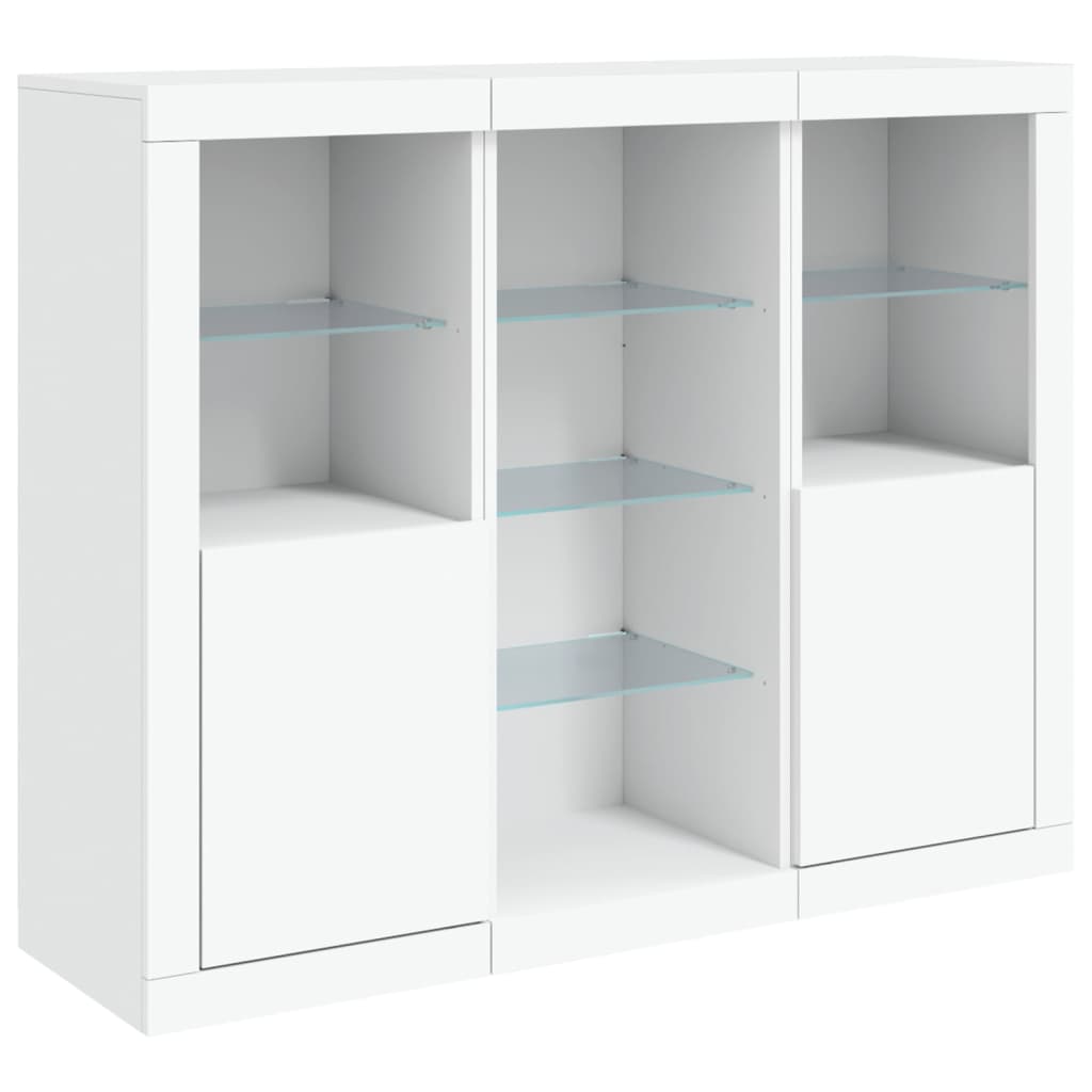 vidaXL Servantă cu lumini LED, 3 buc., alb, lemn prelucrat