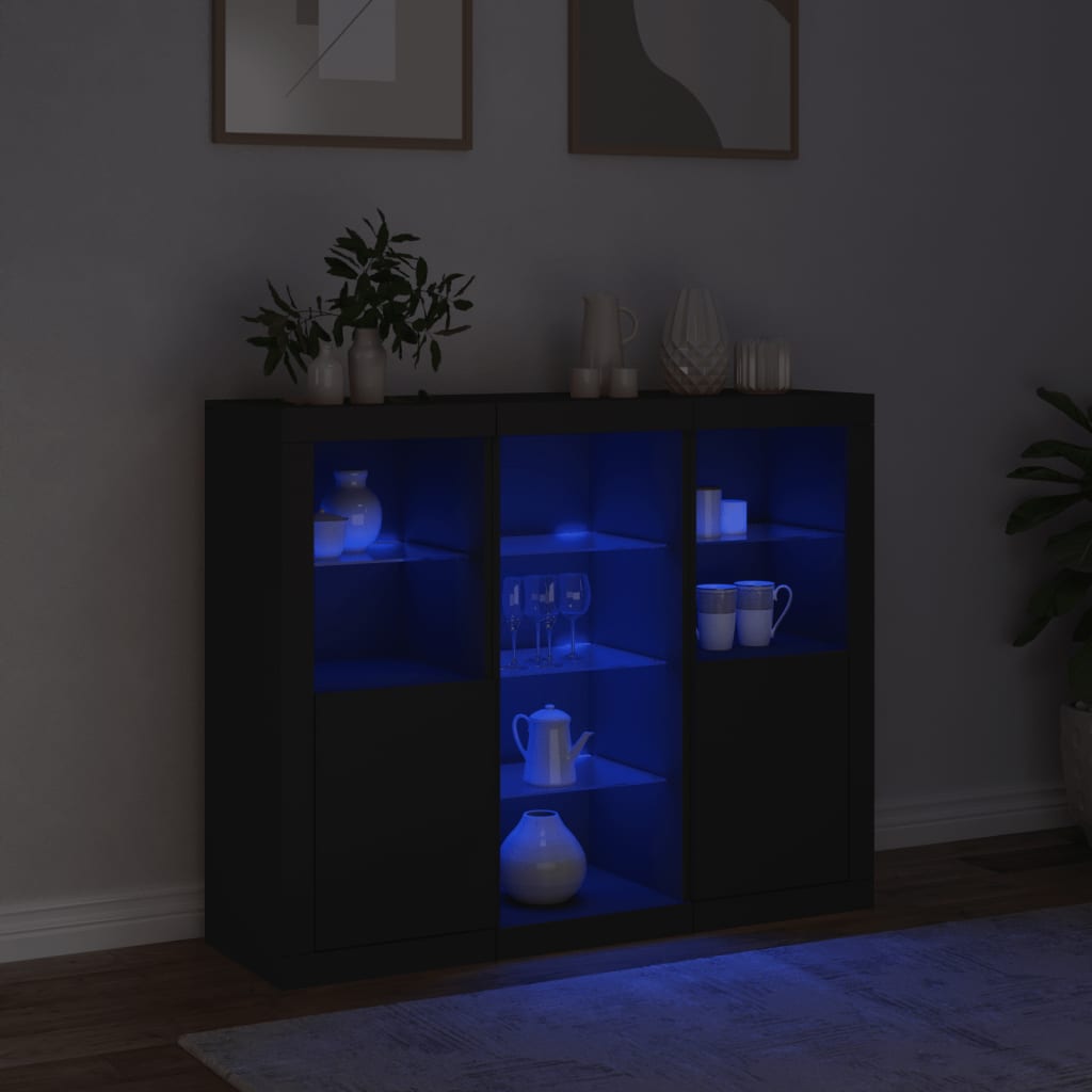 vidaXL Servantă cu lumini LED, 3 buc., negru, lemn prelucrat