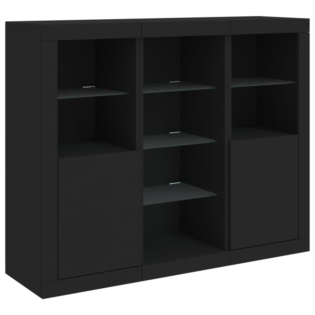vidaXL Servantă cu lumini LED, 3 buc., negru, lemn prelucrat