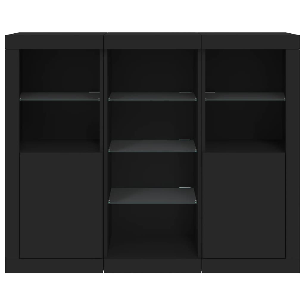 vidaXL Servantă cu lumini LED, 3 buc., negru, lemn prelucrat