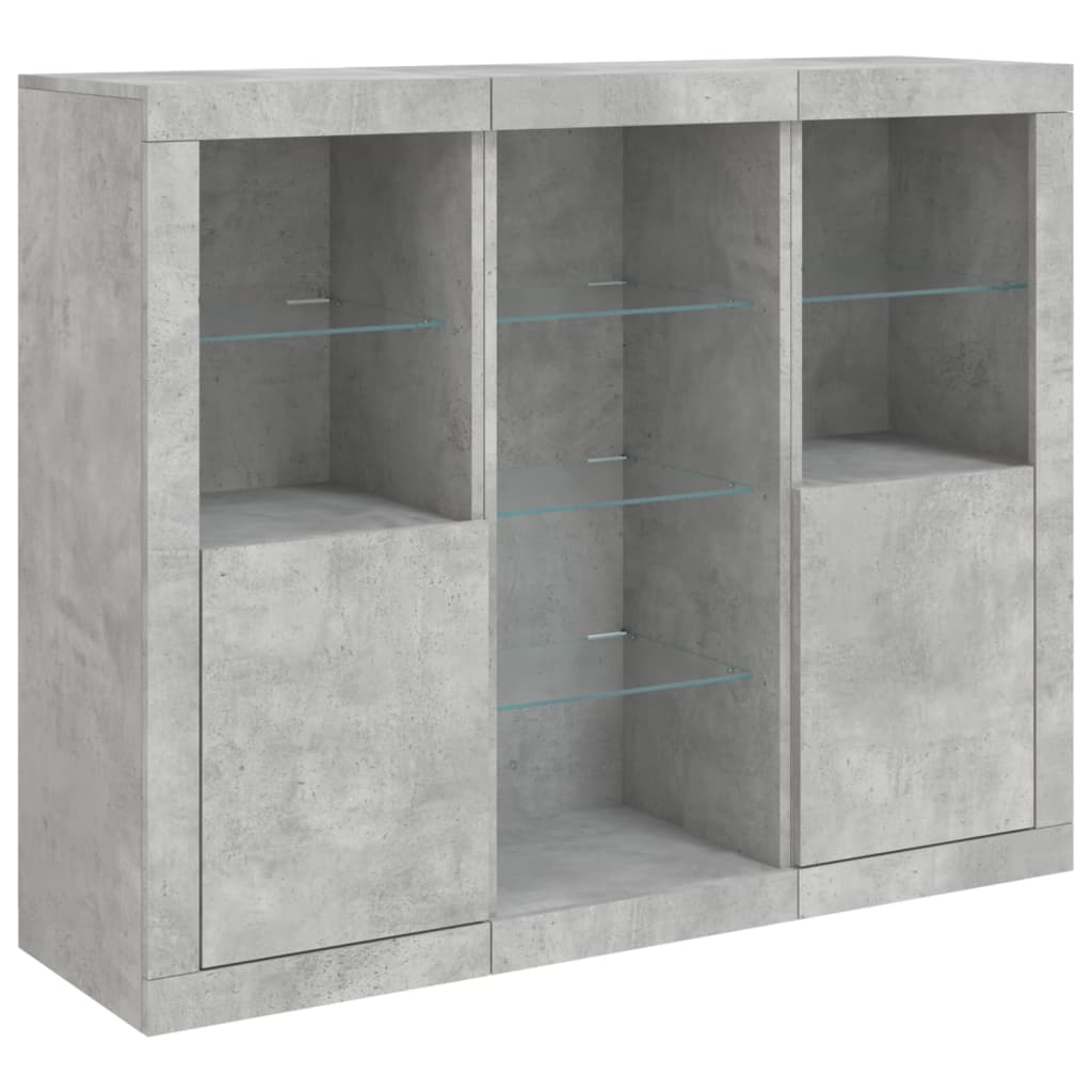vidaXL Servantă cu lumini LED, 3 buc., gri beton, lemn prelucrat