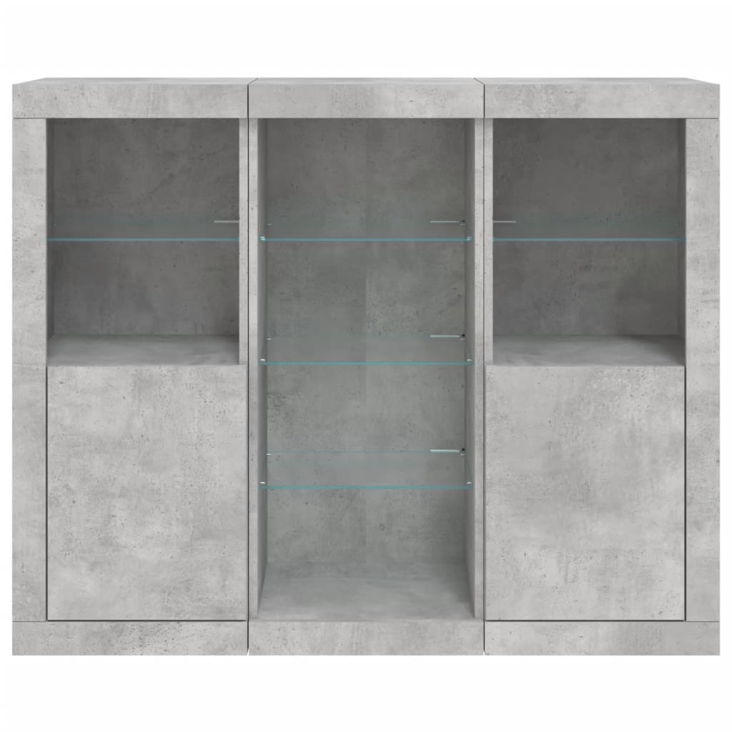 vidaXL Servantă cu lumini LED, 3 buc., gri beton, lemn prelucrat