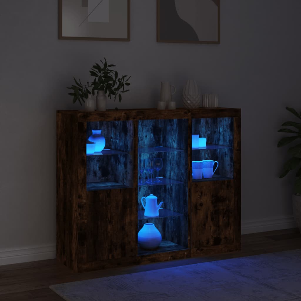 vidaXL Servantă cu lumini LED, 3 buc., stejar fumuriu, lemn prelucrat