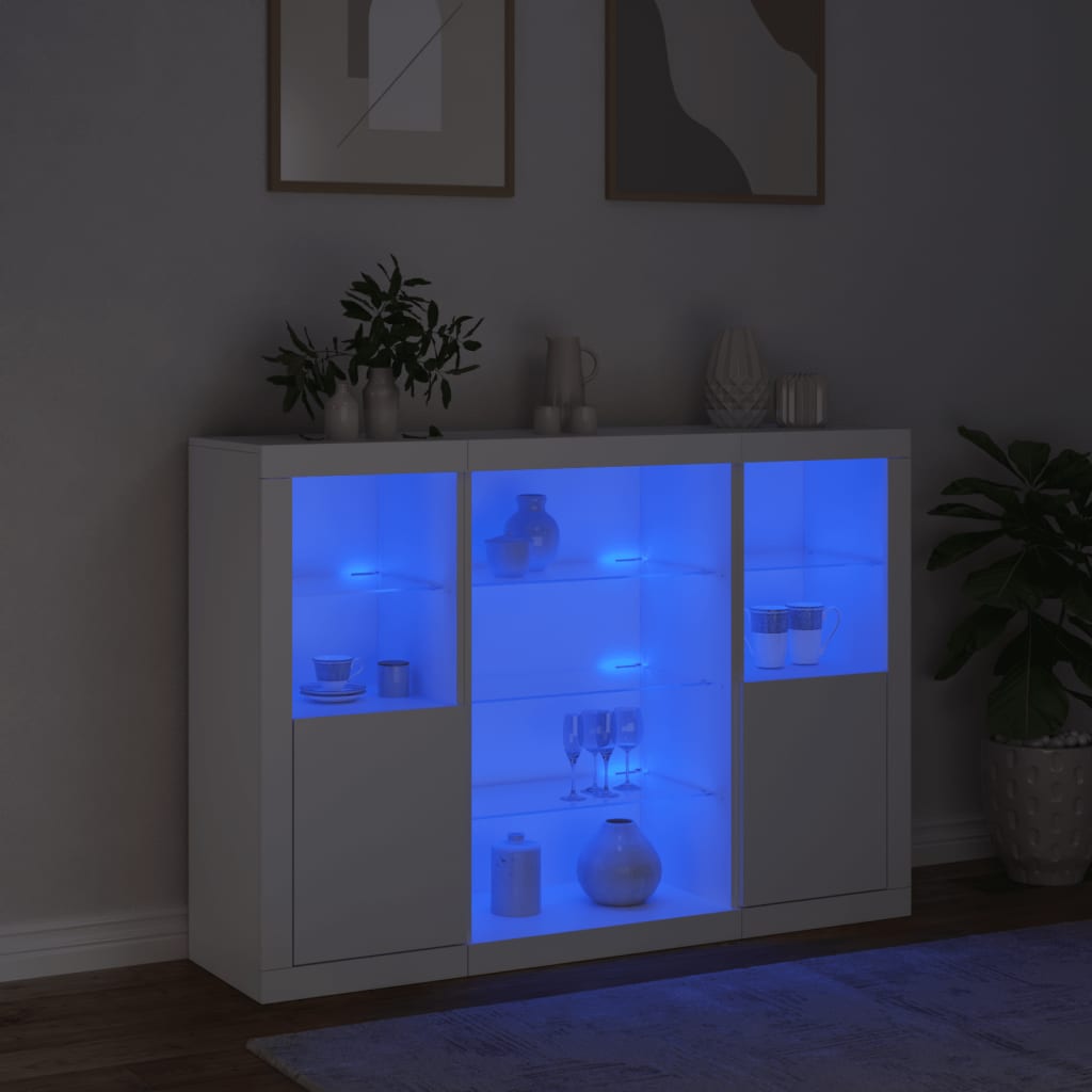 vidaXL Servantă cu lumini LED, 3 buc., alb, lemn prelucrat