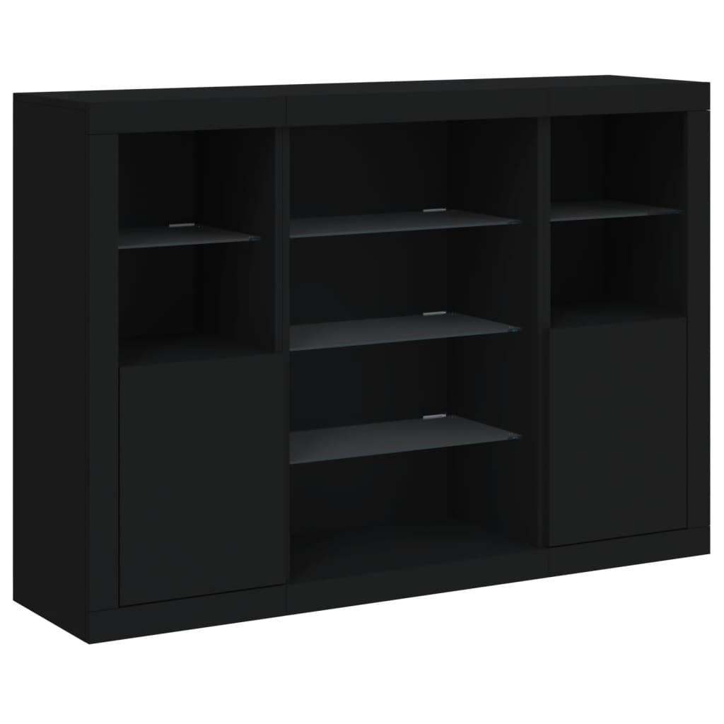 vidaXL Servantă cu lumini LED, 3 buc., negru, lemn prelucrat