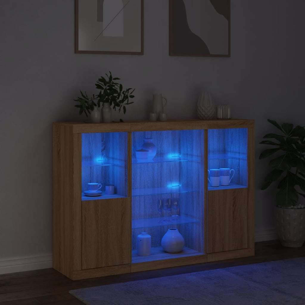 vidaXL Servantă cu lumini LED, 3 buc., stejar sonoma, lemn prelucrat