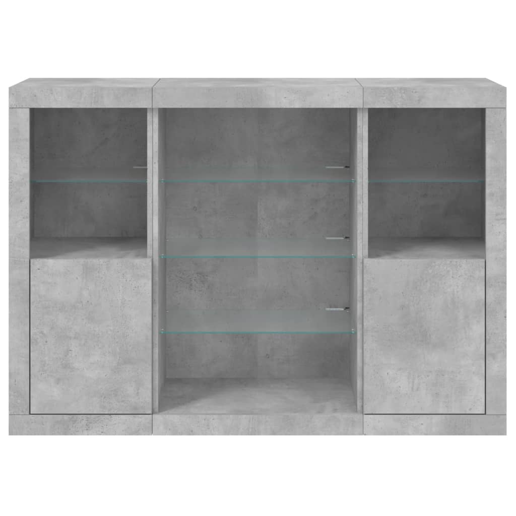 vidaXL Servantă cu lumini LED, 3 buc., gri beton, lemn prelucrat