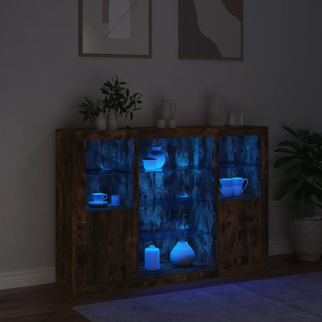 vidaXL Servantă cu lumini LED, 3 buc., stejar fumuriu, lemn prelucrat vidaXL Servantă cu lumini LED, 3 buc., stejar fumuriu, lemn prelucrat