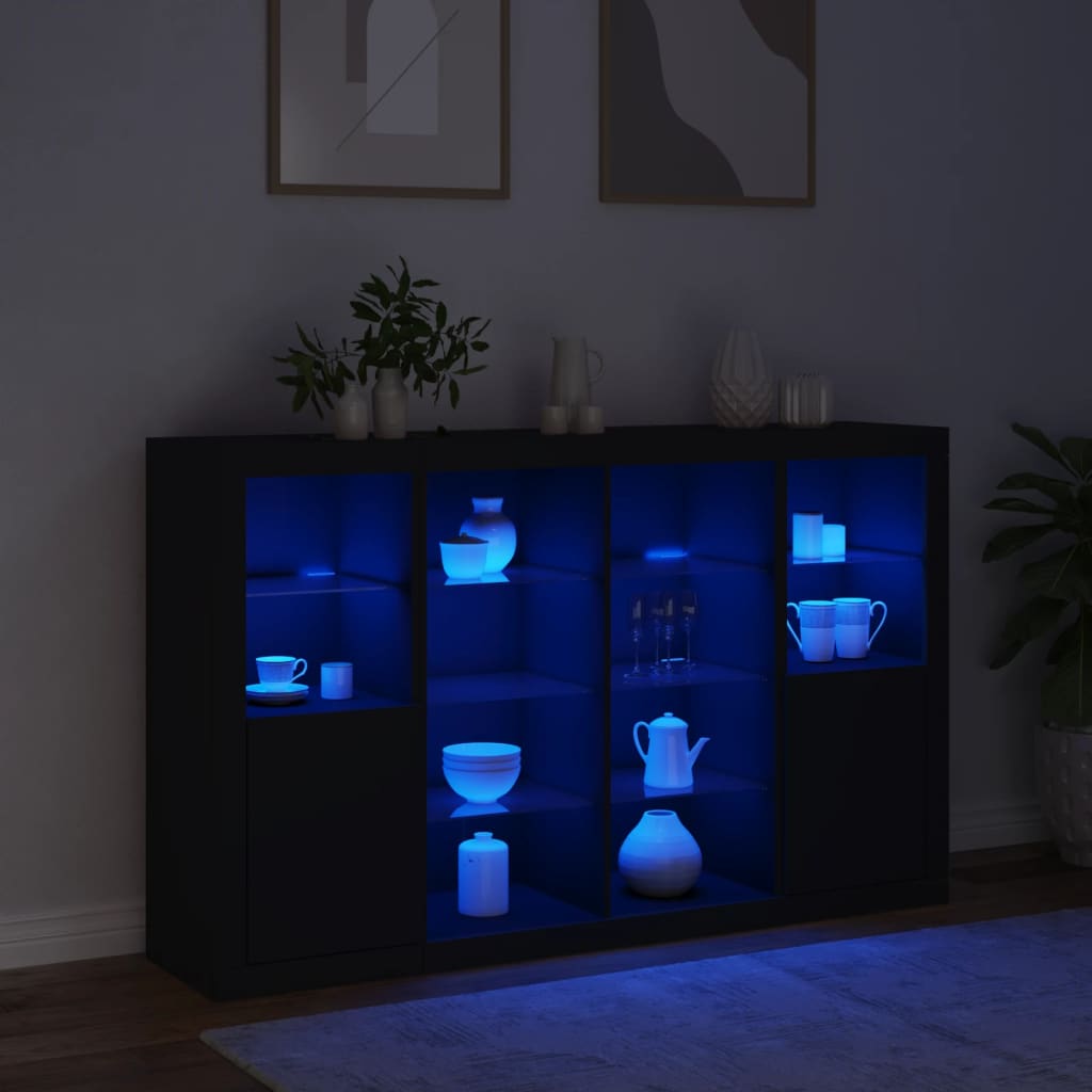 vidaXL Servantă cu lumini LED, 3 buc., negru, lemn prelucrat vidaXL Servantă cu lumini LED, 3 buc., negru, lemn prelucrat